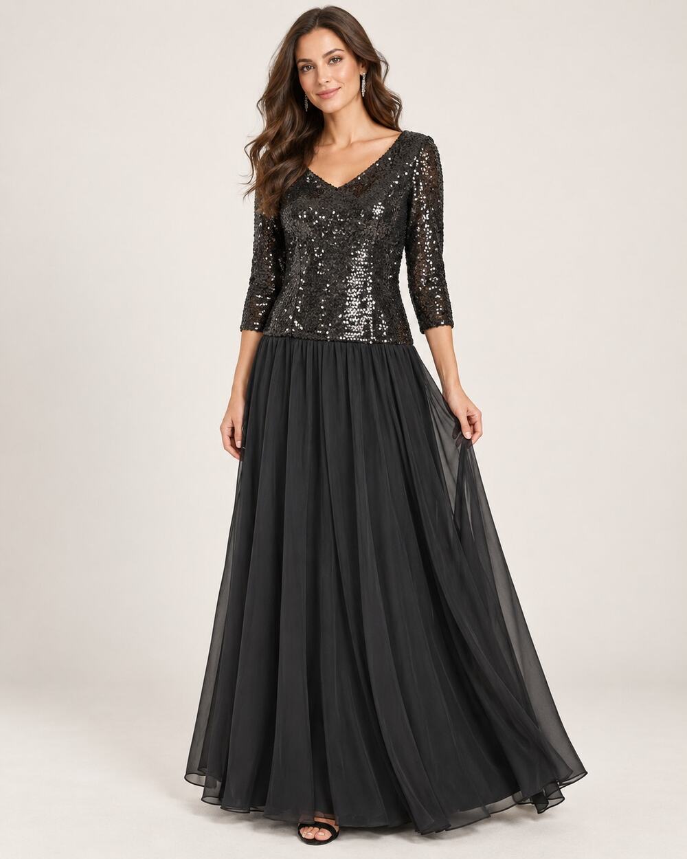 Vintage 1980s Black Sequin Chiffon Gown Women’s S 34" Bust 60" Long